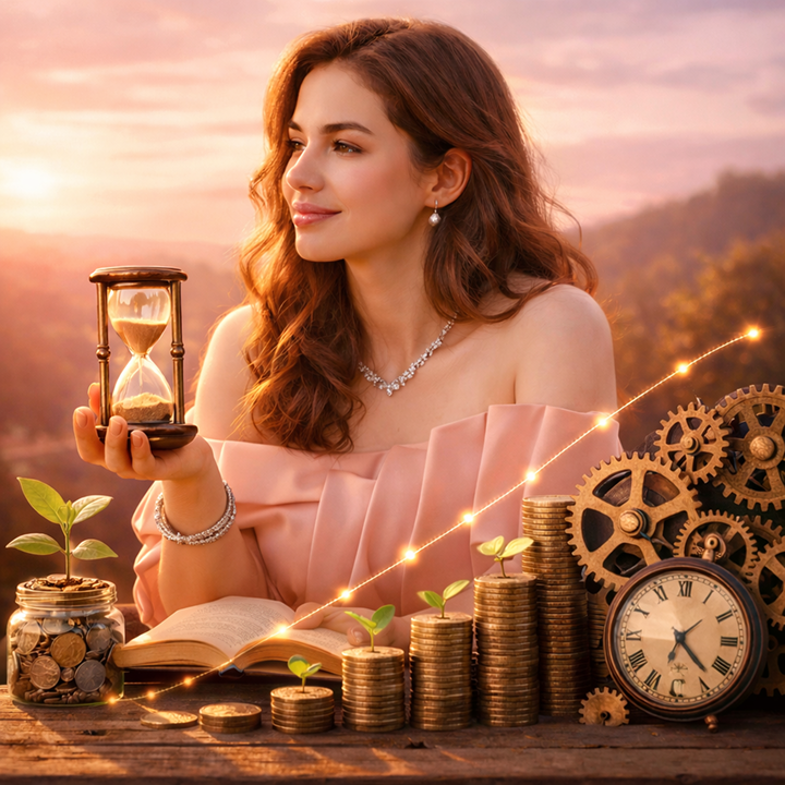 Hourglass beside a growing plant and stacks of coins, symbolizing time, consistency and compounding growth